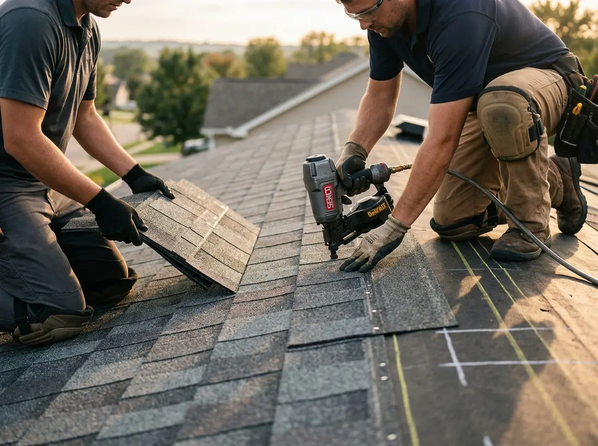 Professional roofer working on a residential roof in Fontana